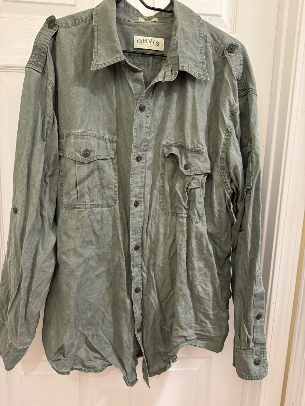 Orvis Men's Olive Green linen Shirt XXL
